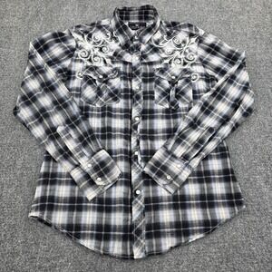 Pop Icon Clothing‎ Mens Black White Plaid Western Shirt Embroidered Size S BKE